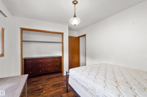 Wood-finish flooring, recessed closet space with clothing rod, overhead pendant lighting, and a wood-paneled door - 8723 81 Avenue Nw, Edmonton, AB - Indoor Photo Showing Bedroom