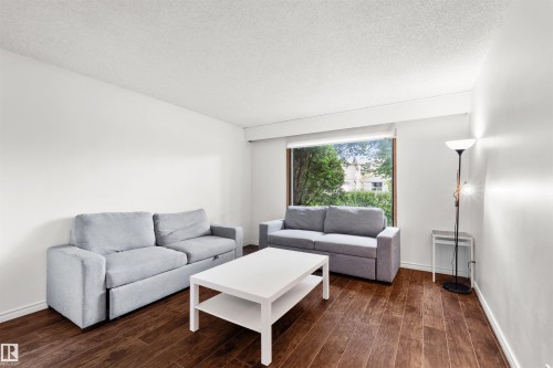 Hardwood-style flooring and a large window providing abundant natural light - 8723 81 Avenue Nw, Edmonton, AB - Indoor Photo Showing Living Room