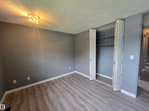 Wood-finish flooring, neutral gray walls, bi-fold closet doors, built-in closet shelving, and a modern ceiling light fixture - 10829 167A Avenue Nw, Edmonton, AB - Indoor Photo Showing Other Room