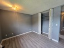 Wood-finish flooring, neutral gray walls, bi-fold closet doors, built-in closet shelving, and a modern ceiling light fixture - 10829 167A Avenue Nw, Edmonton, AB  - Indoor Photo Showing Other Room 