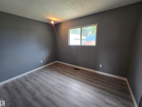 Contemporary interior with neutral gray walls, wood-finish flooring, a window, and a ceiling-mounted light fixture - 10829 167A Avenue Nw, Edmonton, AB - Indoor Photo Showing Other Room