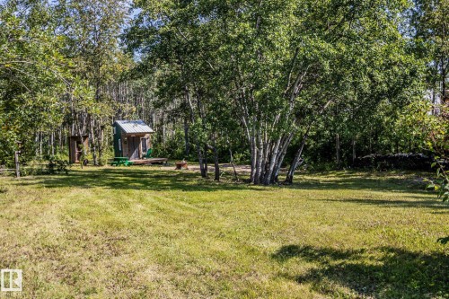 Expansive grassy area with mature deciduous trees and a small outbuilding featuring a metal roof - 347, 58532 Range Rd 113, Rural St. Paul County, AB 