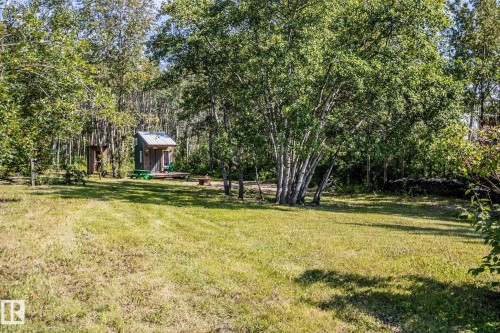 Expansive grassy area with mature trees and a rustic shed with a metal roof - 347, 58532 Range Rd 113, Rural St. Paul County, AB 