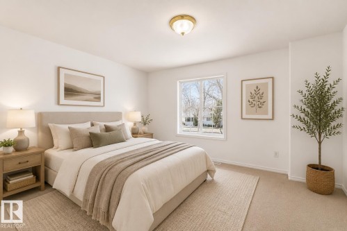 Virtually staged room with illustrating potential of room with furniture, decor and new flooring show a wall-to-wall carpeting with an overhead flush mount light fixture and a window providing natural light - 11727 83 Street Nw, Edmonton, AB - Indoor Photo Showing Bedroom