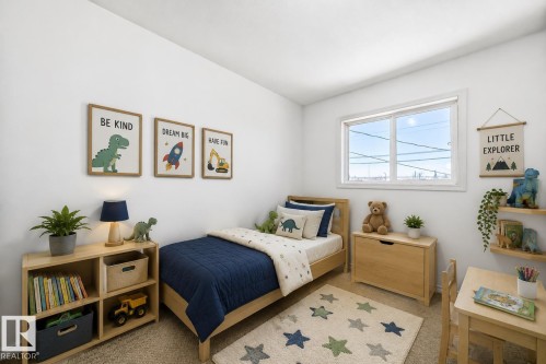 Virtually staged room with illustrating potential of room with furniture, decor and new flooring show a white walls with a single window, light-toned wood-finish flooring, and a recessed ceiling light - 11727 83 Street Nw, Edmonton, AB - Indoor Photo Showing Bedroom