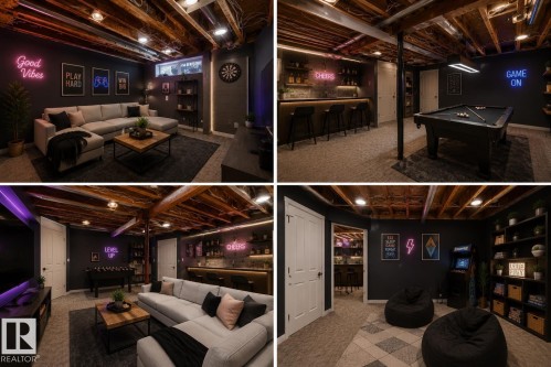 Virtually staged room with illustrating potential of room with furniture, decor showing a Concept Idea of Property Interior Images. Depicting various activity and lounge areas within the property's lower level - 11727 83 Street Nw, Edmonton, AB - Indoor Photo Showing Basement