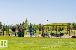 Community playground featuring multiple play structures, swings, and benches, set against a backdrop of green space and mature trees - 