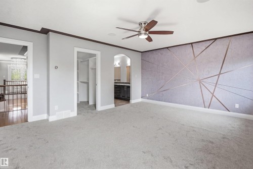 Carpeted flooring, contemporary wall accent, ceiling fan, recessed lighting, and built-in closet shelving - 427 Windermere Road Nw, Edmonton, AB -  Photo Showing Other Room