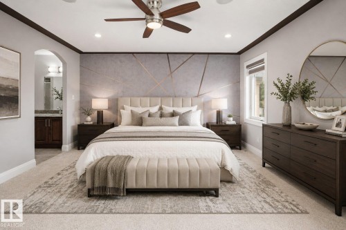 Spacious sleeping area with a geometric accent wall, recessed lighting, and a ceiling fan - 427 Windermere Road Nw, Edmonton, AB - Indoor Photo Showing Bedroom