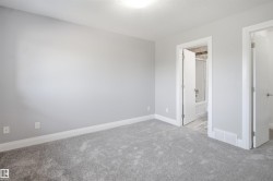 Plush gray carpeting, light gray wall finish, and white trim - 