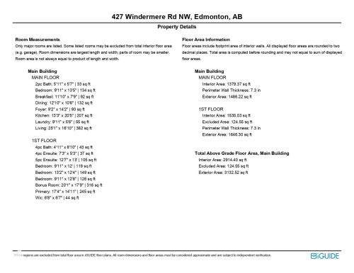 Property Details Document. Presenting room measurements and floor area information for the property - 427 Windermere Road Nw, Edmonton, AB - Other