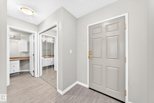 Grey panel entry door, wood-finish flooring, mirrored closet doors, built-in vanity with wood-finish countertop, and wall-mounted light fixture - #137 9704 174 St Nw, Edmonton, AB - Indoor Photo Showing Other Room