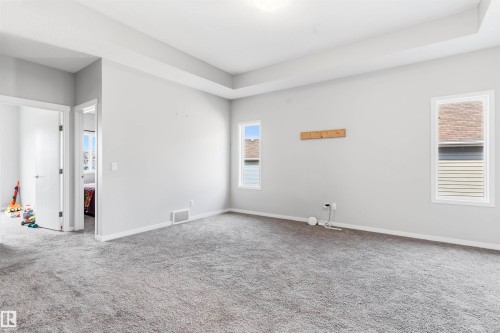 Tray ceiling detail, neutral gray wall tones, plush gray carpeting, white trim, and multiple windows providing natural light - 1103 26 Avenue Nw, Edmonton, AB - Indoor Photo Showing Other Room
