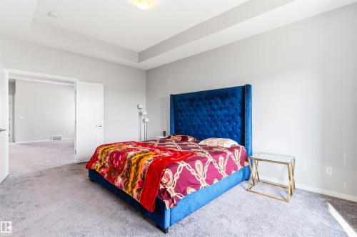 Tray ceiling with recessed lighting, light gray wall color, light gray carpet flooring, and a wide entryway - 1103 26 Avenue Nw, Edmonton, AB - Indoor Photo Showing Bedroom