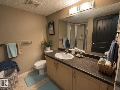 Vanity with integrated sink, dark countertop, and light wood-finish cabinetry - #301 13907 136 St Nw, Edmonton, AB - Indoor Photo Showing Bathroom