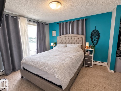 Carpeted flooring with a built-in wall heater and a ceiling-mounted light fixture - #301 13907 136 St Nw, Edmonton, AB - Indoor Photo Showing Bedroom