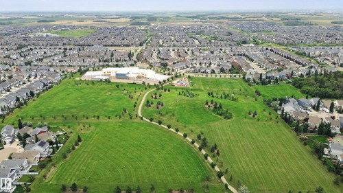Expansive green spaces featuring walking paths, mature trees, and a distant school building - 7603 Summerside Grande Boulevard Sw, Edmonton, AB - Outdoor With View
