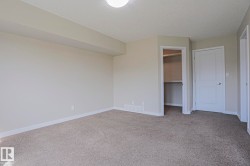 Carpeted flooring, neutral wall paint, overhead lighting, white trim, and a built-in closet with shelving - 
