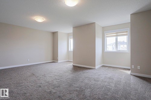 Spacious room with neutral-toned walls, gray carpet, multiple windows, and two ceiling-mounted light fixtures - #13 5873 Mullen Pl Nw, Edmonton, AB - Indoor Photo Showing Other Room