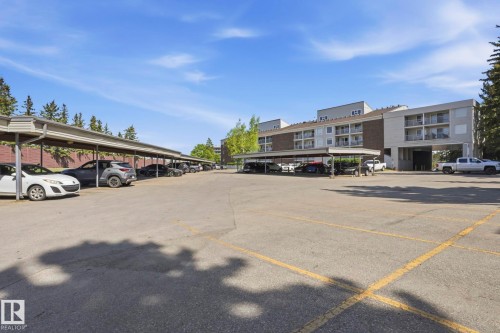 Spacious asphalt parking lot with covered parking structures and surrounding mature trees - #215 4404 122 St Nw, Edmonton, AB - Outdoor