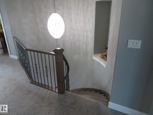 Carpeted curved staircase with wrought iron balusters and a wood-finish handrail - 3233 Winspear Crescent Sw, Edmonton, AB - Indoor Photo Showing Other Room