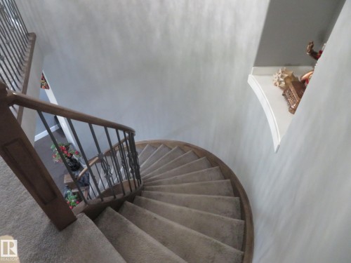 Curved staircase featuring carpeted treads, wood-finish handrail, and wrought iron balusters - 3233 Winspear Crescent Sw, Edmonton, AB - Indoor Photo Showing Other Room