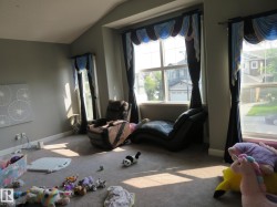 Carpeted room with vaulted ceiling and multiple windows - 