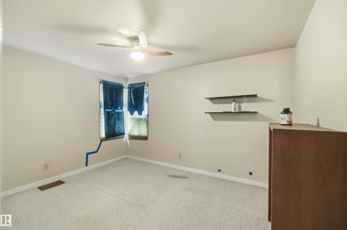 Carpeted room with a ceiling fan, two windows, and built-in wall shelving - 12243 104 Street Nw, Edmonton, AB - Indoor Photo Showing Other Room