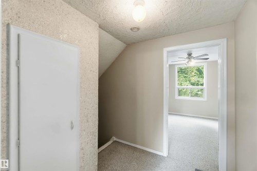 Interior hallway featuring textured walls and ceiling, flush-mount lighting, and a neutral color palette - 12243 104 Street Nw, Edmonton, AB - Indoor Photo Showing Other Room