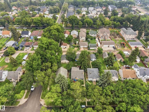 Aerial perspective highlighting a residential neighborhood with mature tree coverage - 12243 104 Street Nw, Edmonton, AB - Outdoor With View