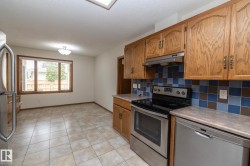 Kitchen featuring tile flooring, wood cabinetry, stainless steel appliances, a tiled backsplash, and an overhead skylight - 