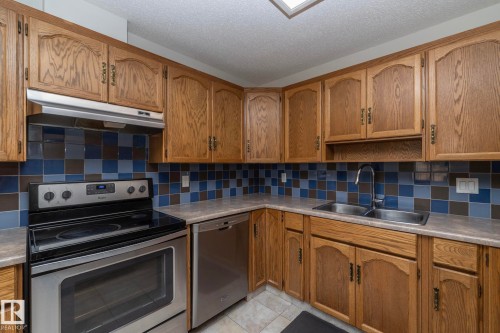 Wood-finish cabinetry paired with a blue and brown tiled backsplash - 11138 30 Avenue Nw, Edmonton, AB - Indoor Photo Showing Kitchen With Double Sink