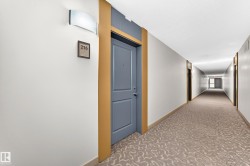 Corridor with patterned carpet flooring, modern wall sconce, and framed unit number 216 - 