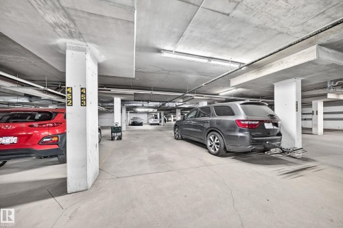 Underground parking facility with concrete columns and ceiling - #216 17003 67 Av Nw, Edmonton, AB - Indoor Photo Showing Garage