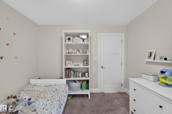 Neutral wall finish, built-in shelving, white paneled door with brushed nickel hardware, and carpeted flooring - 