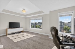 Tray ceiling with recessed lighting, two large windows, neutral wall tones, and carpeted flooring - 