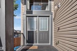 Entryway featuring a dark paneled door with decorative glass inserts, a glass storm door, and a wall-mounted outdoor light fixture - 
