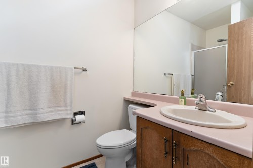 Bright bathroom featuring a curved vanity with pink countertop, wood-finish cabinetry, and single-basin sink - 17724 94 Street Nw, Edmonton, AB 