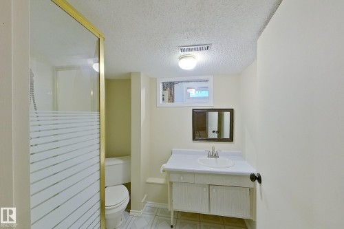 Bathroom featuring a gold-framed shower enclosure with frosted glass, a single vanity with storage, a wall-mounted mirror, and a small window - 16 Brunswick Crescent, St. Albert, AB - Indoor Photo Showing Bathroom