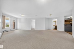 Neutral-toned wall-to-wall carpeting throughout, white painted walls, a glass paneled exterior door with an adjacent window, and a built-in counter with dark cabinetry - 