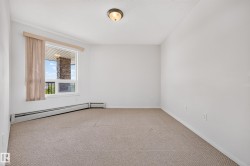 Neutral wall paint, textured carpeting, large window, baseboard heating, and ceiling-mounted light fixture - 