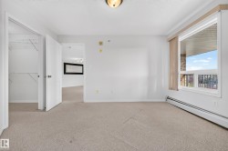 Carpeted flooring, white walls, and a built-in closet with shelving - 