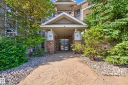 Building exterior featuring stone accents, a covered entry, established trees, and a textured concrete pathway - 