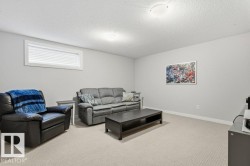 Carpeted room with a horizontal window, white trim, and light-toned walls - 