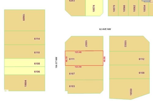 Property Lot Map. Depicting parcel divisions and lot numbers for the subject property with dimensional annotations - 6111 106 Street Nw, Edmonton, AB 