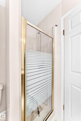 Spa-inspired shower enclosure featuring a brass-finished frame, clear glass panels, and horizontal frosted glass detailing for enhanced privacy - 4327 49 Street Nw, Edmonton, AB 