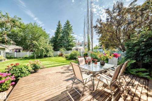 Expansive backyard featuring a wood-finish deck, manicured lawn, white picket fencing, and mature trees - 4327 49 Street Nw, Edmonton, AB 