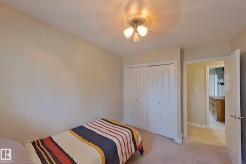 Bright secondary bedroom featuring neutral carpeting, a ceiling-mounted light fixture with three-bulb configuration, and dual closets with white panel doors - 14 Brunswick Crescent, St. Albert, AB 
