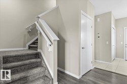 Carpeted staircase with white handrails, wood-finish flooring, and light-toned wall paint - 