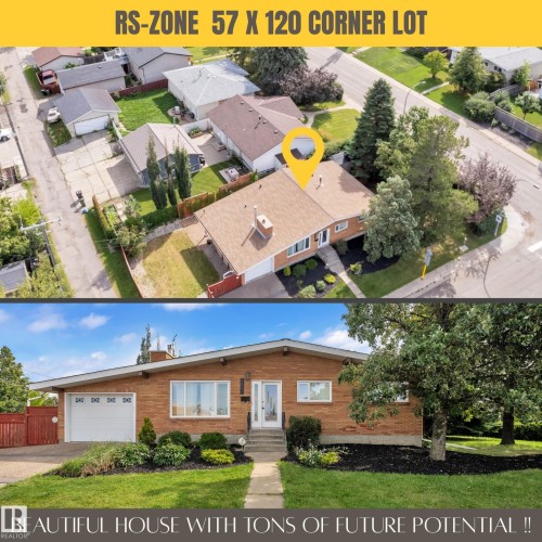 Real Estate Listing. Displaying aerial and ground-level views of the property, noting its zoning and lot dimensions - 8803 68A Street Nw, Edmonton, AB 